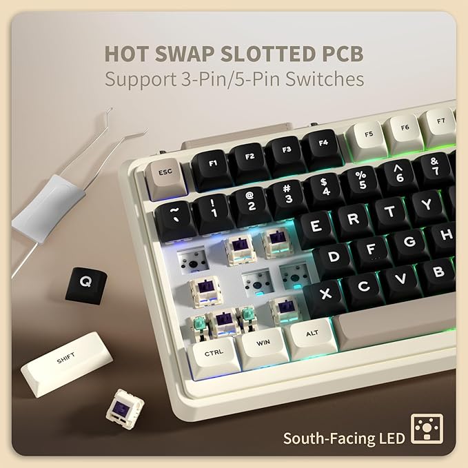 K75 Lite Wireless Mechanical Keyboard, 75% Gasket Mount RGB Gaming Keyboard w/ 3-Mode Knob BT 5.0/2.4G/USB-C Wired, Hot Swappable, 5-Layer Padding & Creamy Linear Switches, Compact 82 Keys