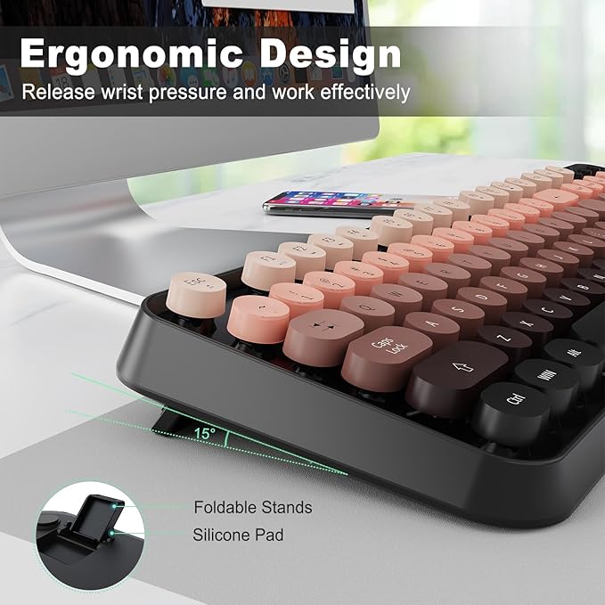 Wireless Keyboard Mouse Combo,104 Round Keys Cute Colorful Keyboard with Retro Typewriter Style,Letton Full Size Keyboard with Number Pad&Mouse with 3 DPI for PC Mac Laptop Computer Windows-Black