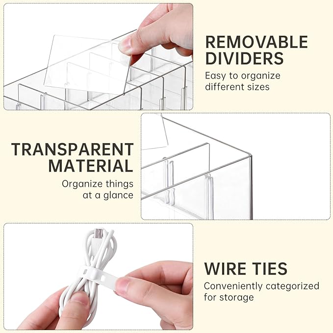 2Pcs Cable Charger Organizer Box, Large Cords Storage Organizer with Adjustable Compartments and Wire Ties, Stackable Cord Organizer for Drawer - Clear