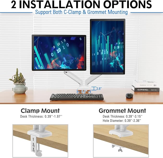 MOUNTUP Dual Monitor Stand for Desk, Pneumatic Monitor Arms for 2 Monitors Max 32 Inches, Height Adjustable Double Monitor Mount, VESA Mounts with C-Clamp & Grommet Base, Holds 4.4-17.6lbs, White