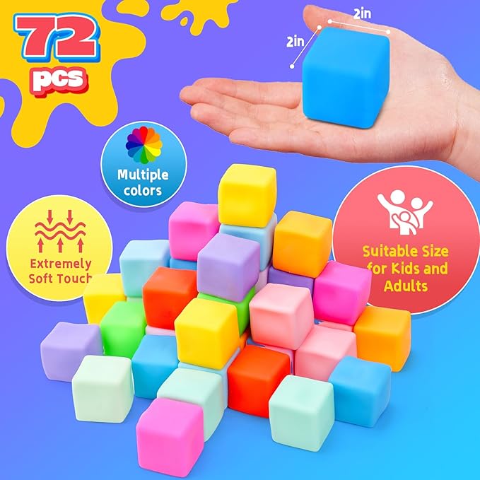72PCS Color-Changing Stress Cube - Soft, Squeezeable Stress Relief Balls for Relaxation, Ages, Ideal for Parties, Home, Classroom, and Office Use, Slow-Rebound Design, Portable