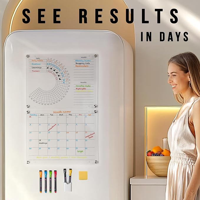 Acrylic Calendar and Habit Tracker Set - Magnetic Acrylic Calendar for Fridge - Clear Magnetic Planner for Refrigerator - Clear Dry Erase Board for Wall with pens, holder, eraser - The Goal Tracker
