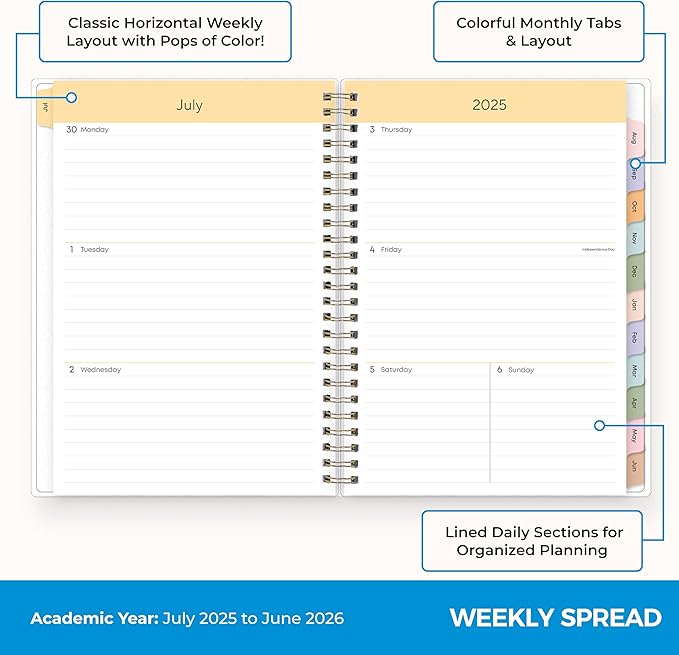 Blue Sky 2025-2026 Academic Year Weekly and Monthly Planner Calendar, July 2025 - June 2026, 12-Month, 5.8" x 8.6", Flexible Cover, Wirebound, Laminated Tabs, Storage Pocket, Borealis