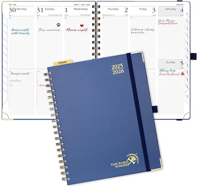 POPRUN Academic Planner 2025-2026 (July 2025-June 2026), Daily Weekly and Monthly Appointment Book (Wirebound Hard Cover - 10'' x 8'') with Hourly Time Slots, Tabs, 100 GSM - Navy Blue