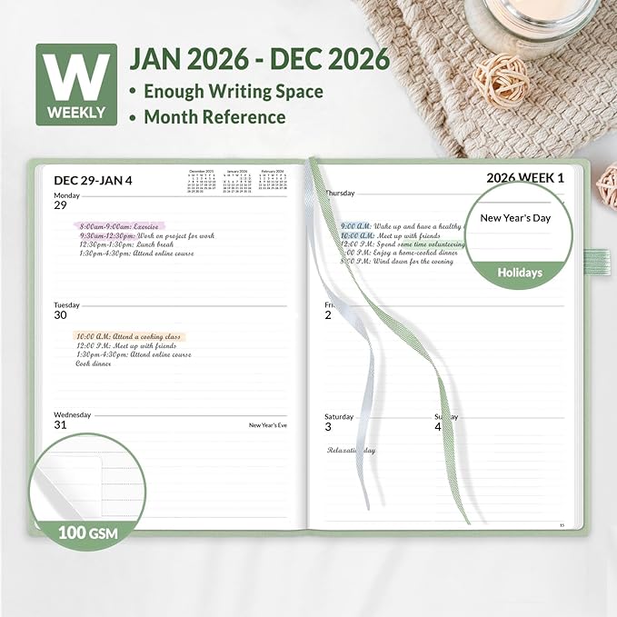 SUNEE 2026 Weekly & Monthly Hardcover Planner 5.5" x 8.3" - 12 Month (January 2026 - December 2026), Small Hardcover Planner, Pocket, Notes, 100 GSM Paper, Sage Green