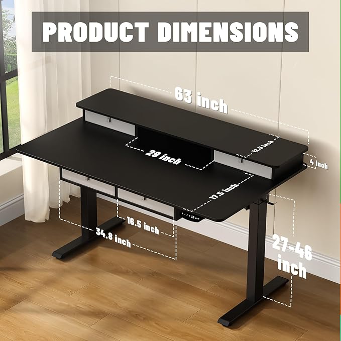 Electric Standing Widened Desk 63 * 30 Inches Adjustable Height with 4 Drawers, Double Storage Shelves Stand Up Desk, Home Office Workstation Sit Stand up Desk (Classical Black)