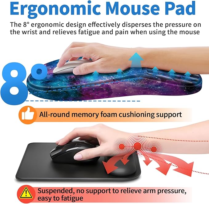 Ergonomic Mouse Pad with Wrist Rest Support, Mousepad with Comfortable Memory Foam Wrist Rest and Non-Slip PU Base for Pain Relief, Computer, Laptop, Office, Home (Starry Sky)