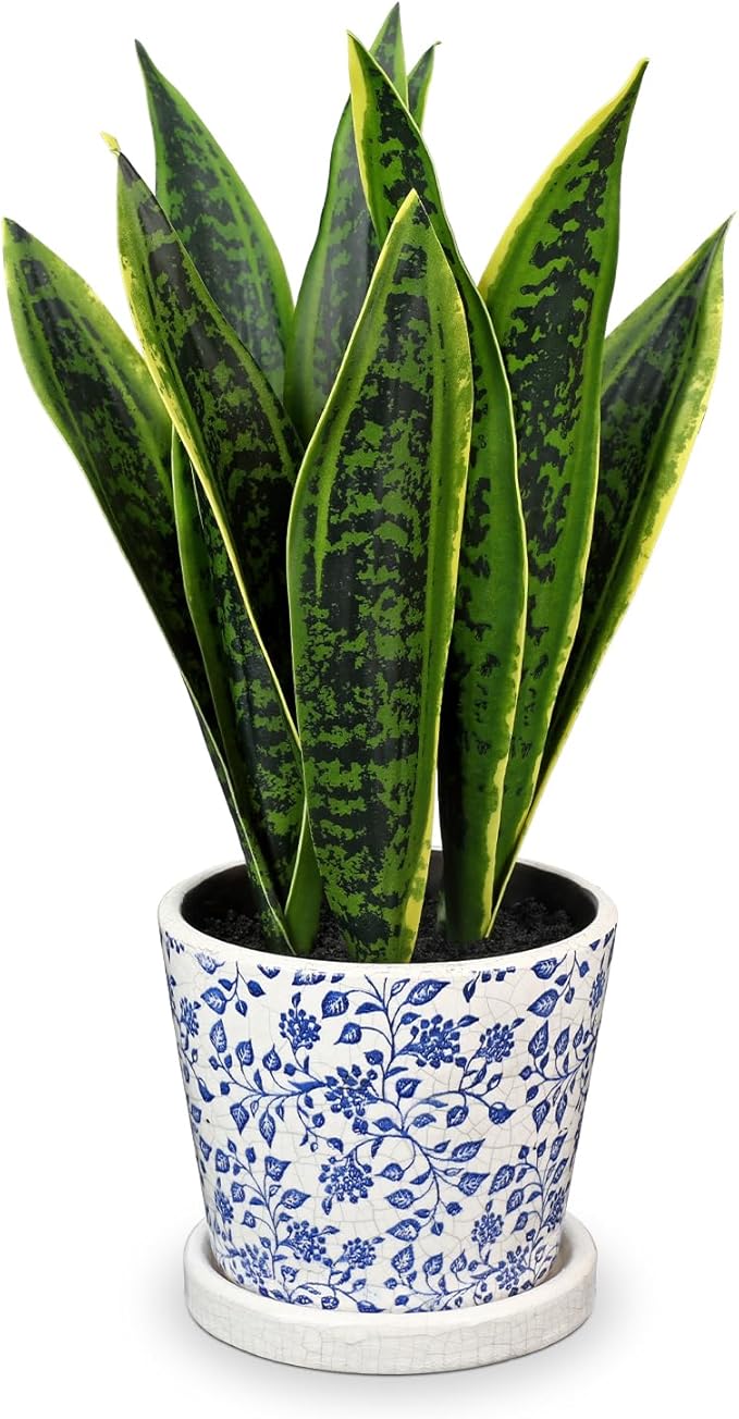 Fake Plants 15.7" Artificial Snake Plant Faux Plants in Blue and White Pot Tropical Sansevieria Silk Plant Fake Potted Plants Indoor for Home Living Room Bathroom Office Housewarming Gift Decor