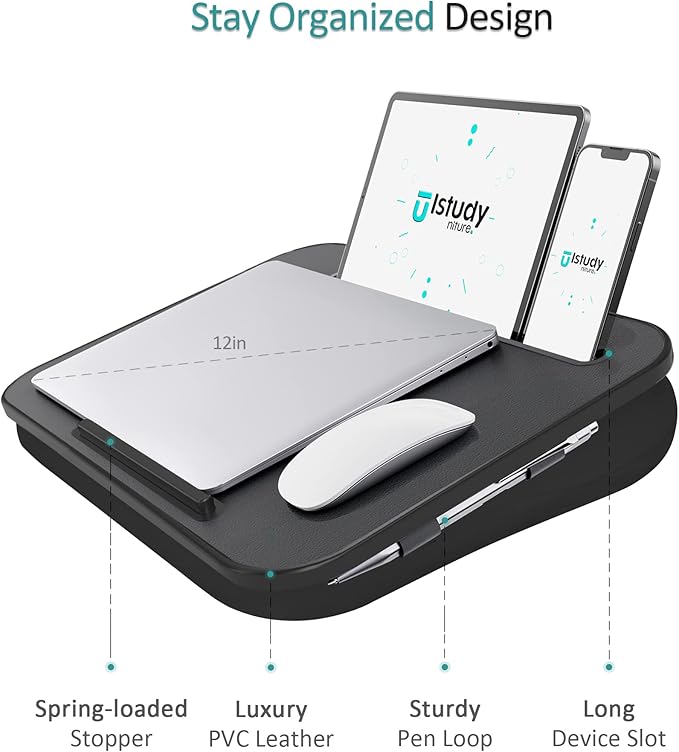 Istudyniture Lap Desk | Portable Laptop Desk & Stand – Fits Up to 15.6 inch – Washable Cushion, Built-in Phone Holder – for Bed, Couch, Sofa, Floor – Writing, Reading, Home Office – Small, Black