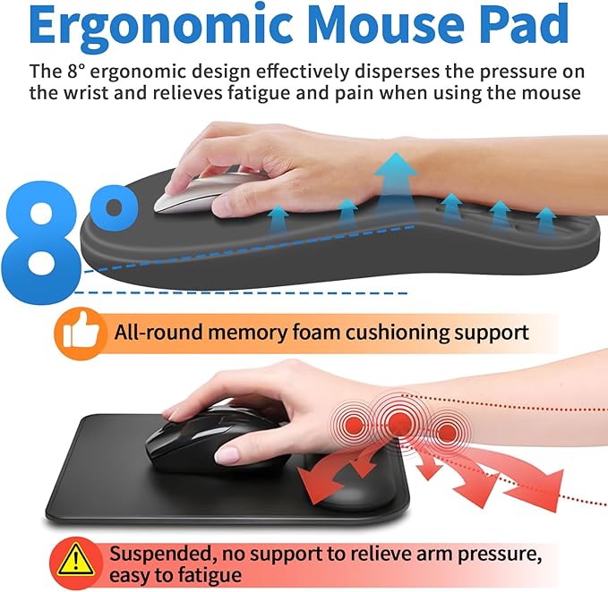 Ergonomic Mouse Pad with Wrist Rest Support, Mousepad with Comfortable Memory Foam Wrist Rest and Non-Slip PU Base for Pain Relief, Computer, Laptop, Office, Home (Dark Gray)