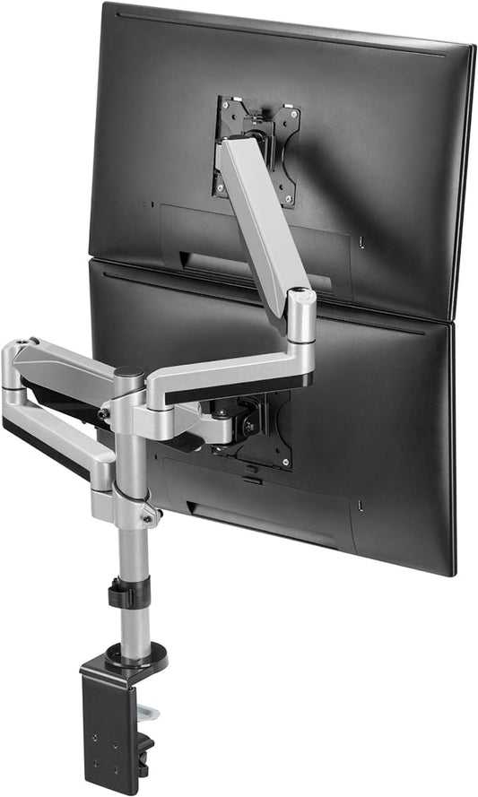 AVLT Dual 13 to 27 in Stacked Monitor Arm Desk Mount, Fits Two Flat or Curved Screens, Full Motion Height Adjustable Swivel Tilt Rotation, VESA C-Clamp Grommet Cable Management
