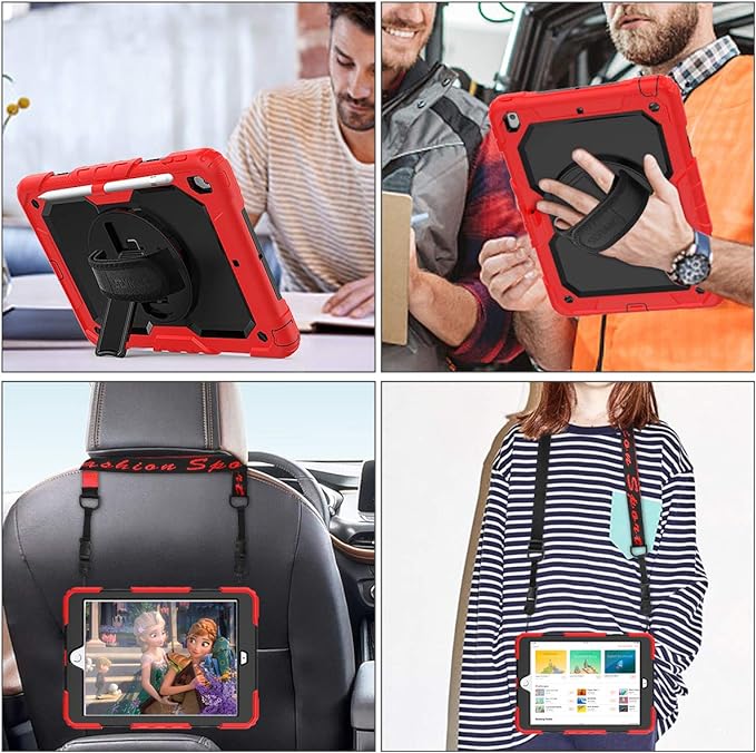 SEYMAC stock Case for iPad 9th/ 8th/ 7th Generation 10.2'', Shockproof with Screen Protector, Pencil Holder [360° Rotating Hand Strap] & Stand, for iPad 10.2 inch 2021-2019 (SiliconeRed+Black)