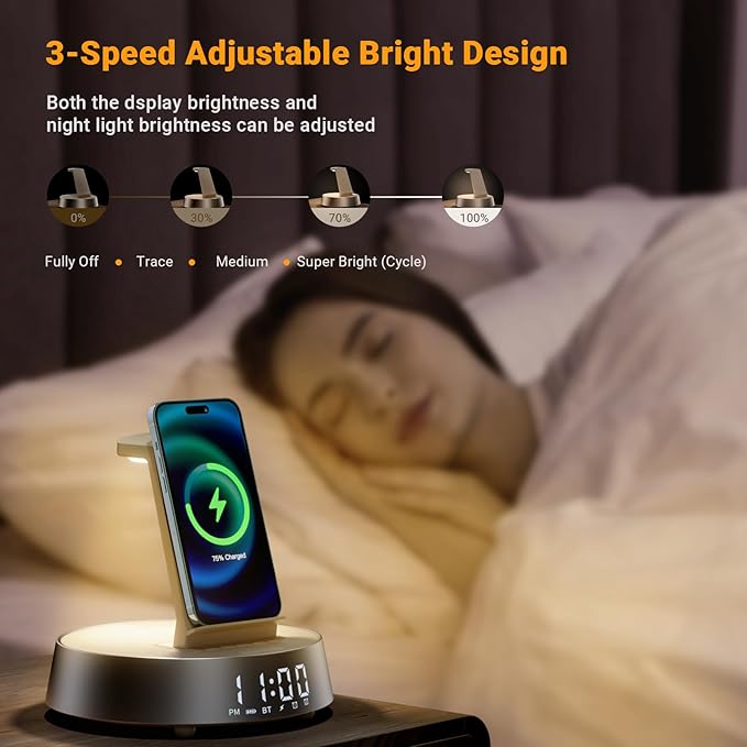 7 in 1 Wireless Charging Station, Alarm Clock for Bedroom with Dimmable Night Light Bluetooth Speaker, Dock Station for iPhone 16 15 14 13 12 11 Pro Max, Apple Watch