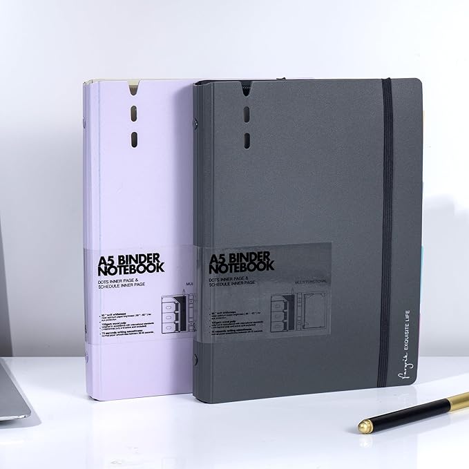 CAGIE A5 Binder 6 Ring Notebook with Dividers Refillable Planner Binder with Pockets, Refill Paper Include Planning Square Ruled and Dotted Pages, 6.89 x 9.25 in, (Grey and Purple, A5 Daily&Dot Page)