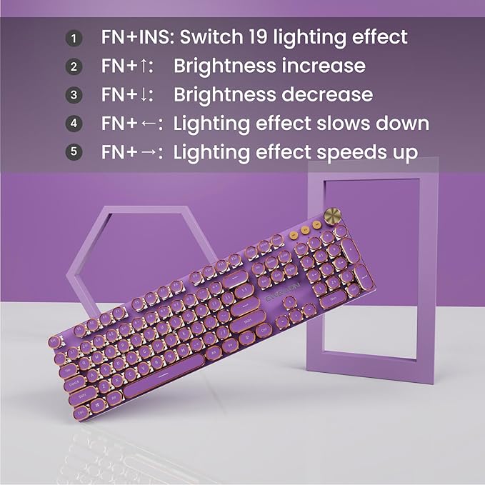 EWEADN V20 Typewriter Keyboard Wireless, 104 Keys Typewriter Style Mechanical with White Backlit, Media Knob, Pink Switch 2.4G/Bluetooth/USB-C Wired Retro Full Size Keyboard for Windows/Mac/PC-Purple