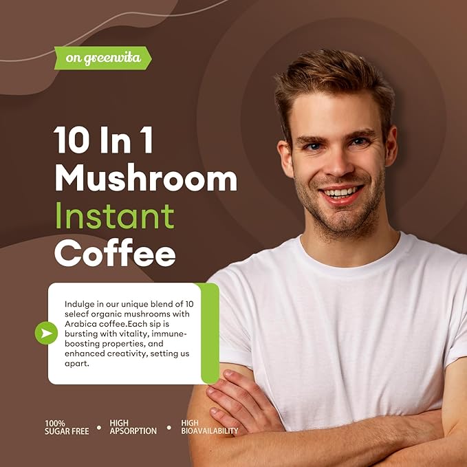 Mushroom Coffee - Lions Mane Mushroom Powder Instant Coffee with Lion's Mane, Reishi, Chaga, Cordyceps, and Turkey Tail - Alternative for Energy, Mental Clarity & Focus, Brain Booster 6.35oz