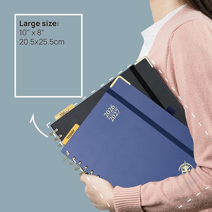 POPRUN Monthly Planner 2026-2027 Spiral Hardcover (8'' x 10''), 18 Months Calendar (Jan.2026-Jun.2027) - 2 Pages per Month with Dotted Note Pages, Sunday Start, Laminated Tab - Haze Blue