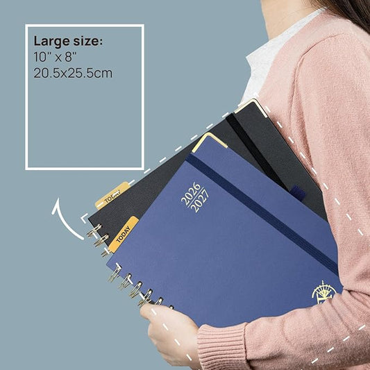 POPRUN Monthly Planner 2026-2027 Spiral Hardcover (8'' x 10''), 18 Months Calendar (Jan.2026-Jun.2027) - 2 Pages per Month with Dotted Note Pages, Sunday Start, Laminated Tab - Haze Blue