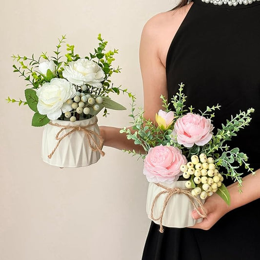 Faux Flowers with Vase, 2pcs Small White Artificial Flowers Arrangement, Potted Plants,Decoration for Bathroom Home Party Office Desk Wedding,Coffee Table Decor (White/Pink)