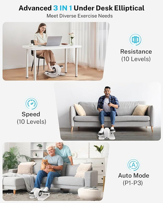 Gonex Under Desk Elliptical Exercise Machine, Leg Exerciser While Sitting for Seniors, 3-in-1 Mini Seated Pedal Exerciser as Seen on TV, 10 Resistance & Speed Levels, Manual/Auto with Remote