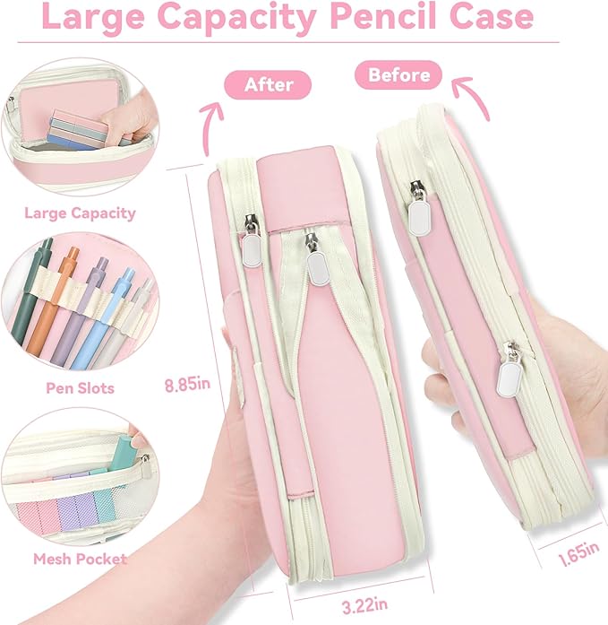 52 PCS Aesthetic School Supplies with Cute Pencil Case, Stationery Essentials with Pens Pencils and Pastel Highlighters Set, College Back to School Supplies for Teen Girls, Office Supplies - Pink