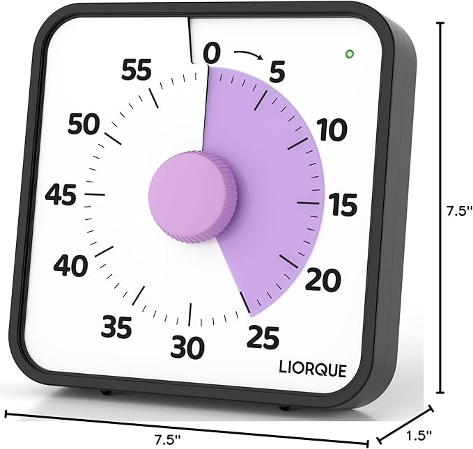 LIORQUE 60 Minute Visual Timer for Kids and Adults, Non-Ticking 7.5 Inch Large Visual Countdown Timers for Classroom Desk Countdown Clock with Magnetic Backing, Kids Pomodoro Timer Clock