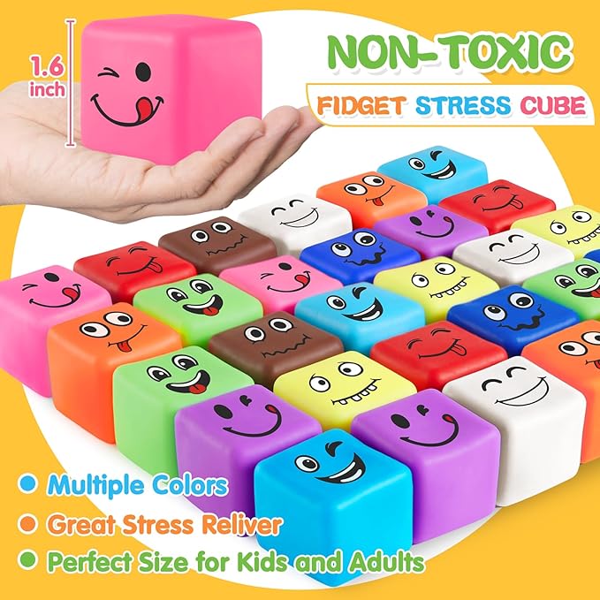 Slow Rising Stress Cube 24 Pack, Square Cube Fidget Ice Cube Stress Balls, Dough Stress Balls Soft Fidget Squishy Toys for Anxiety Relief, Pull Stretch Squishy Toy, Classroom Prize (Smile 24PACK)