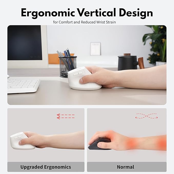 Ergonomic Mouse,Wireless Mouse,Bluetooth Vertical Mouse with BT5.0/4.0/2.4G, Rechargeable with Battery Indicator,Ergonomic Design for Comfort and Reduced Wrist Strain for Home,Office Use(White)