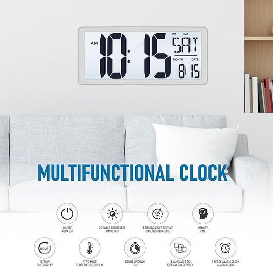 TXL 18.44" Large Digital Wall Clock with Backlight, Battery Operated Alarm Clock with Day, Date & Temperature, Jumbo Display Digital Count Up Down Timer Clock for Hoom,Classroom Room,Office