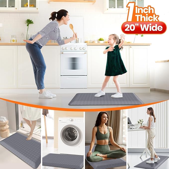 StepRite 1” Thick Kitchen Mats for Floor, Anti Fatigue Kitchen Rugs, Non-Slip,Heavy Duty Waterproof Kitchen Rug, Standing Desk Mat for Home, Kitchen, Office(Grey)