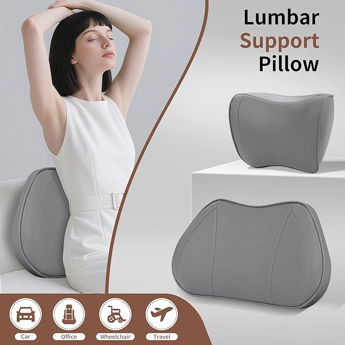 Lumbar Support Pillow for Car, Premium Leather Memory Foam Lumbar Cushion for Lower Back Pain Relief, Universal Back Support for Driving, Home & Office Chairs, Gray, 1 Pack