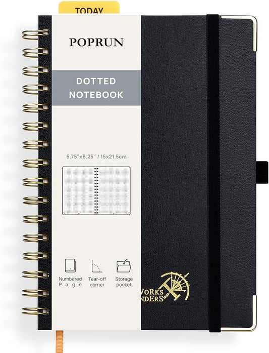 POPRUN Spiral Dotted Journal Notebook, [A5-5.75'' x 8.25''] - 120 GSM Thick Paper, 141 Numbered Pages, Hardcover for Men & Women with Pocket, Index Tabs, 8 Perforated Sheets, Black