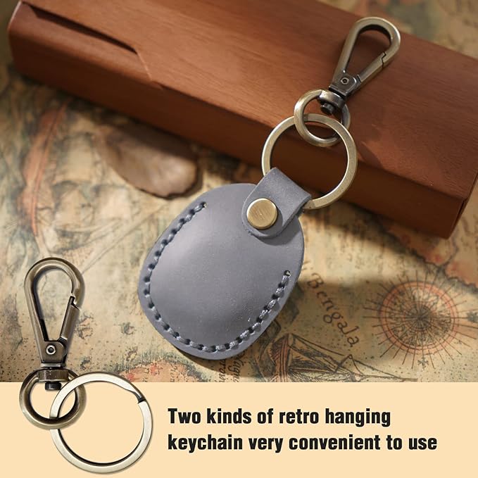 Genuine Leather Airtag Holder, Portable Air Tag Keychain with Key Rings Full Coverage Air Tags Hidden Case Cover Compatible for AirTags Grey