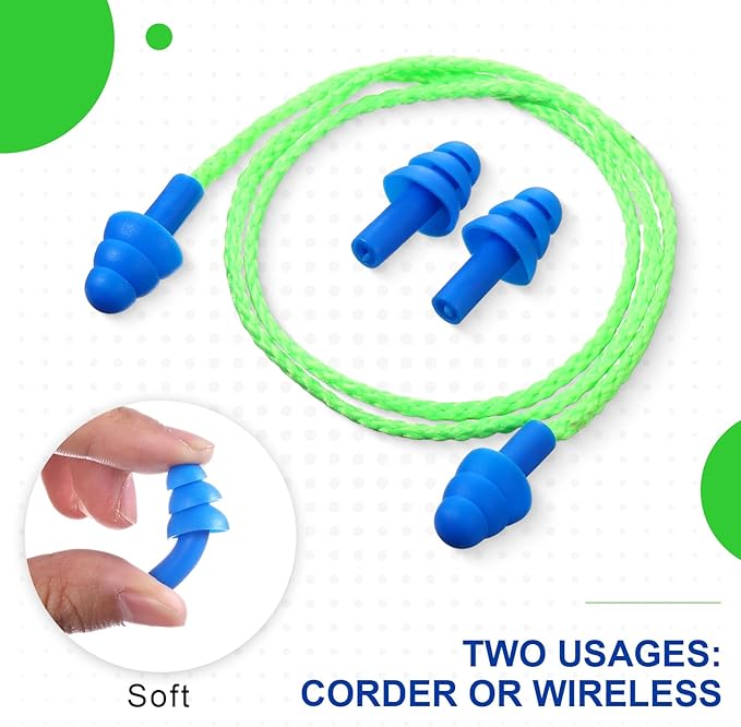 Tondiamo 200 Pairs Ear Plugs Reusable Silicone Earplugs with Cord Sleeping Individually Wrapped Hearing Protection Noise Cancelling Earplugs for Work Construction Shooting Sports(Blue, Green)