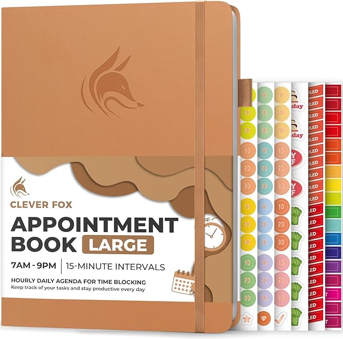 Clever Fox Appointment Book – Hourly Schedule Planner with 15-Minute Increments – Time Box Planner for Daily Work & To-Dos – Weekly & Monthly Spreads, Undated, Hardcover, 8.3x11″ (Sandstone)