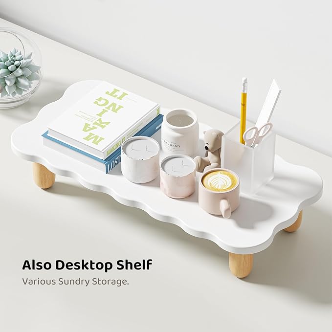 Monitor Stand Riser, Cookie-Shaped Sturdy Wood Computer Monitor Stand for Desk, Ergonomic Desk Stand, Multi-Purpose Desktop Organizer Riser for Computer, Laptop, Printer, TV,White