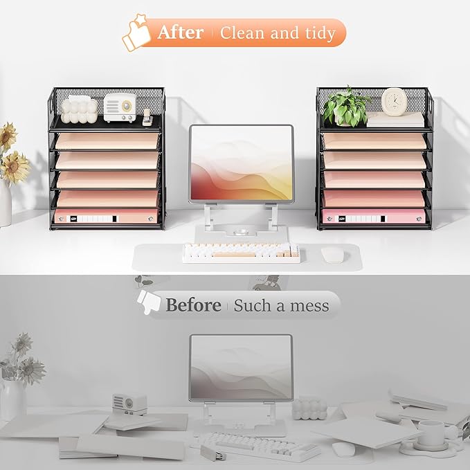 Subekyu 2-Pack 6-Tier Paper Tray Organizer for Desk - Black Mesh File Folder Sorter with Handles, Desk Letter Holder for Office, Home, School Supplies Storage & Organization