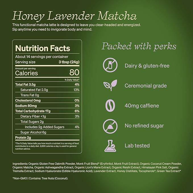 Clevr Blends Organic Honey Lavender Matcha SuperLatte, Instant Ceremonial Grade, Superfood Powder Blend, Oat Milk, Lion Mane, Reishi Mushroom, Coconut Cream, Ashwagandha, Serve Hot or Iced (14 Lattes)