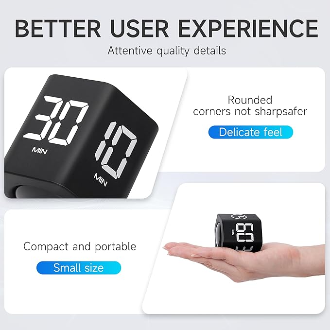Productivity Timer 1, 5, 10, 30, 60 Minutes Preset, Desk Cube Timer with Gravity Sensor/Mute/Vibration for ADHD, Work, Study, Kitchen, Back to School (1, Black)