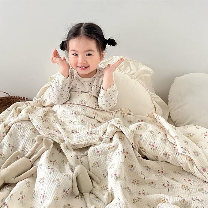 BuLuTu Large Cotton Muslin Kids Toddler Throw Blanket - 47''x51'' Reversible Lightweight Azalea Little Flower Thin Summer Quilt Baby Quilt for Crib Bed,Stroller,Travel,White