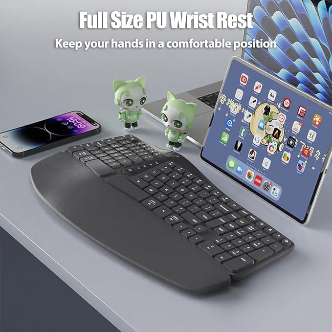 Bow Split Ergonomic Keyboard Wireless with Cushioned Wrist & Palm Rest, Wireless 2.4G/Bluetooth/Wired USB-C, Comfortable Natural Typing, Compatible with Windows/Mac/PC/Laptop, Space Grey
