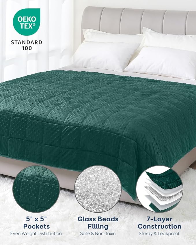 Kivik Cooling Weighted Blanket for Adults, 15 lbs Breathable Minky Dot Heavy Throw Blankets, Ultra Soft Weighted Comforter, Machine Washable, 60"x80" Queen, Dark Green