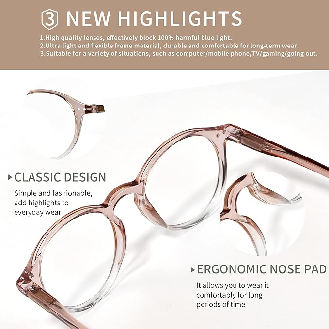 Blue Light Blocking Glasses Round Retro Computer Gaming Glasses Women Men UV Protection AB3303 (Black/Brown)