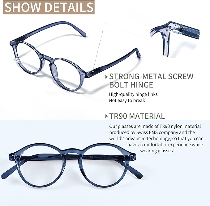 Blue Light Blocking Glasses Round Retro Computer Gaming Glasses Women Men UV Protection AB3303 (Black/Blue)