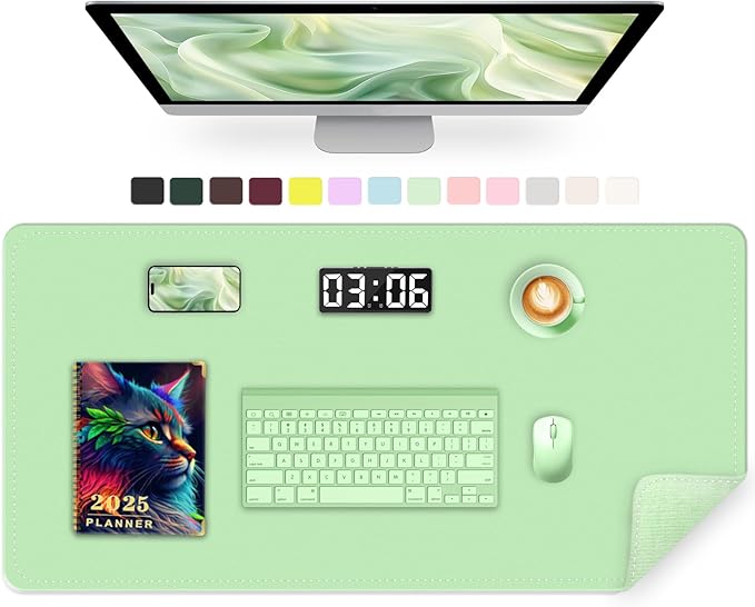 Large Desk Mat 35.4" x 17", PU Leather Desk Pad Protector, Non-Slip Large Mouse Pad for Desk, Waterproof Computer Desk Mat, Office Desk Pad for Keyboard Mouse (Light Green)