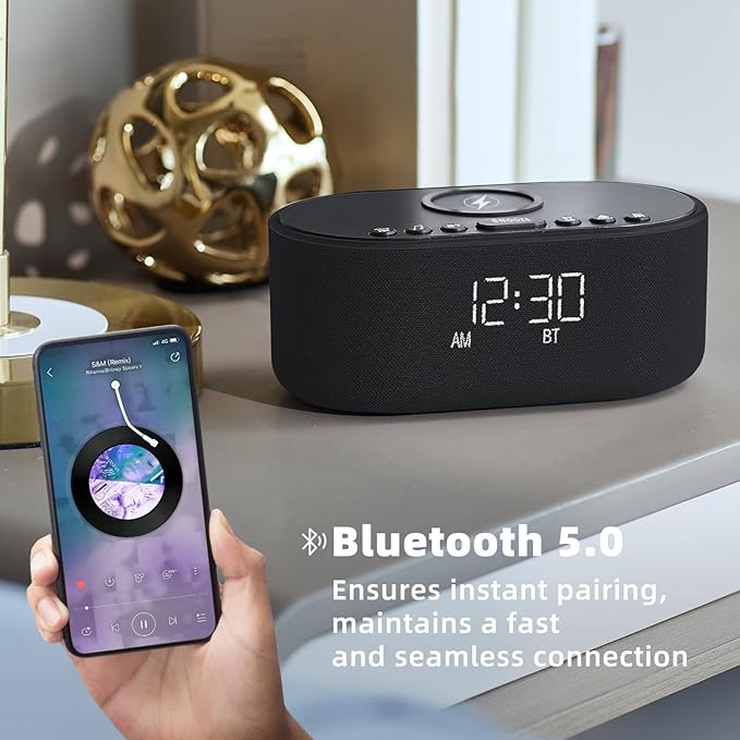 Sound Machine Alarm Clock for Bedrooms: Bluetooth 10W Stereo Sound Speaker with Wireless Charging - White Noise Machine for Sleeping with 21 Soothing Sounds - Black