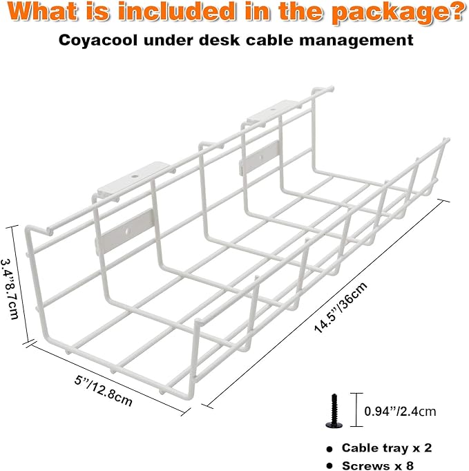 Under Desk Cable Tray - 2 Pack Cable Raceway for Wire Management. Metal Wire Organizer for Office, Studio and Home. Super Sturdy Cord Organizer for Desk - White Cable Management Under Desks