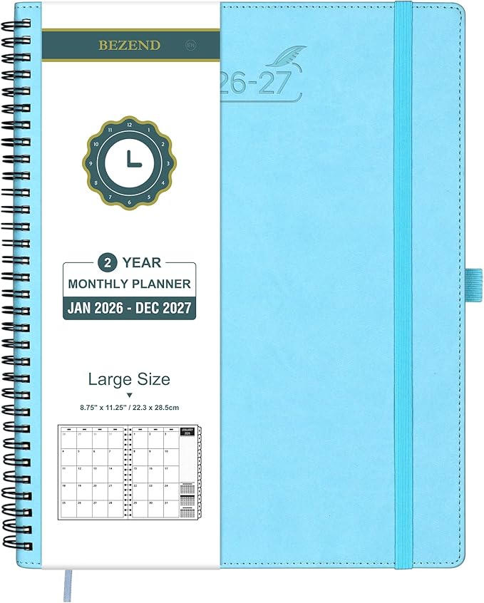 BEZEND Monthly Planner 2026-2027 (Spiral-8.5" x 11") 2 Year Calendar Book with Note Pages - Jan 26 to Dec 27-120 GSM Paper, Inner Pockets, Laminated Tabs, Vegan Leather Softcover - Sky Blue