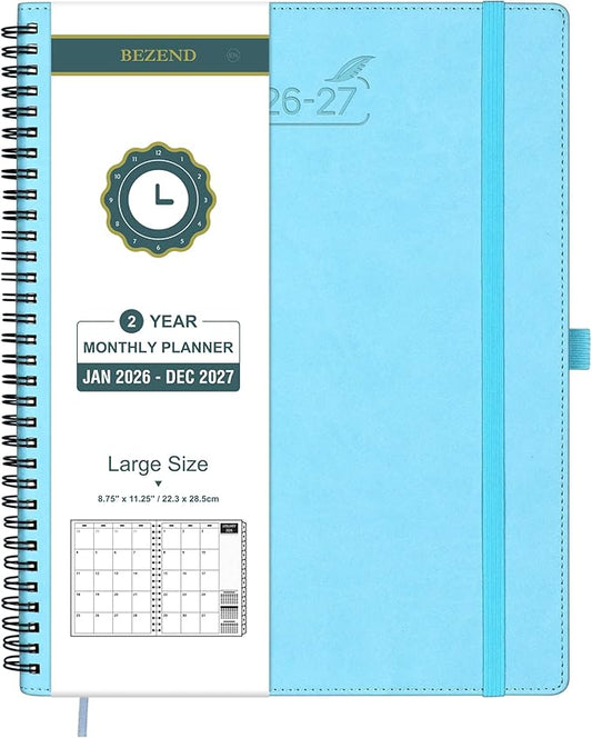 BEZEND Monthly Planner 2026-2027 (Spiral-8.5" x 11") 2 Year Calendar Book with Note Pages - Jan 26 to Dec 27-120 GSM Paper, Inner Pockets, Laminated Tabs, Vegan Leather Softcover - Sky Blue