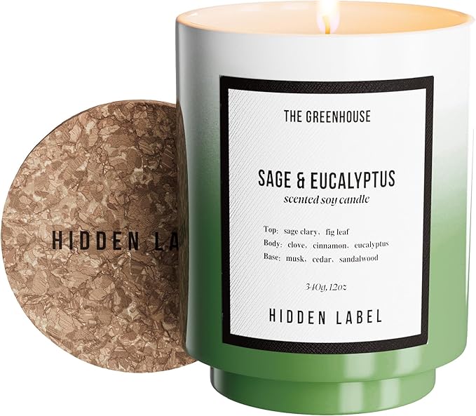 Hidden Label Eucalyptus&Sage Soy Candle, 12oz/75-Hours Burn Time, 100% Natural Candles Non Toxic, Aromatherapy Candle for Stress Relief, Meditation, Yoga & Relaxation